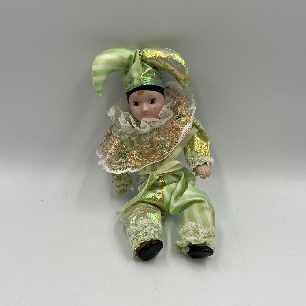 Vintage‎ Porcelain Harlequin Jester Doll Green Iridescent Striped 9 Inch